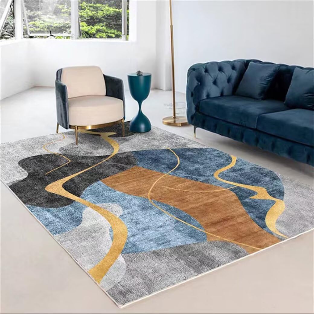 Tapis de salon lavable 90x120cm bleu à motif abstrait pour bureau