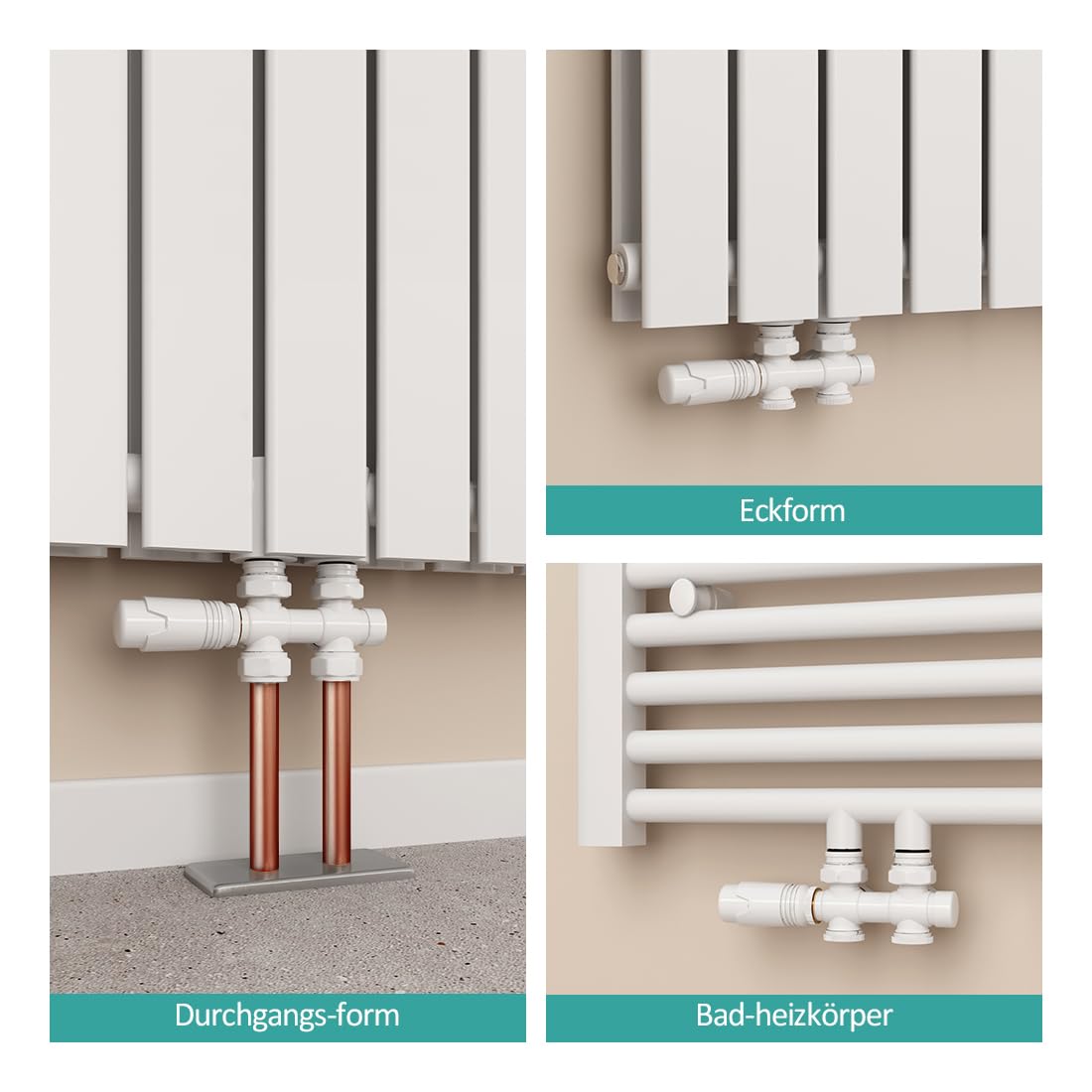 EMKE Multiblock Heizkörper Mittelanschluss, Hahnblock Heizkörper Ventil Eck- und Durchgangsform 50mm, Heizkörperventil mit thermostat für Badheizkörper Weiß (φ15mm+16mm * G1/2", 1 Stück)