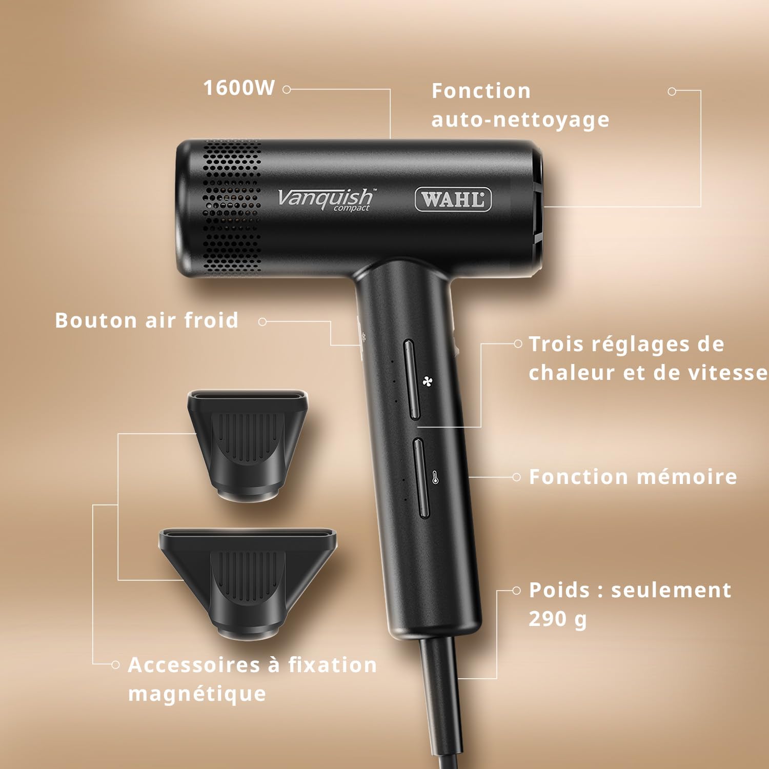 WAHL Vanquish Compact Grey Hair Dryer – Sèche-cheveux professionnel léger équipé d'un moteur numérique, de 3 réglages de chaleur et de vitesse, d'un jet d'air froid, d'une fonction d'auto-nettoyage et