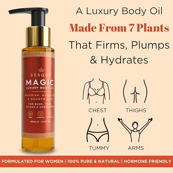 Besque Original Magic Body Oil, 3.4 FL OZ, After Shower Body Oil For Women, Hydrating Skin Care For Full Body That Plumps, Tightens, Firms Skin With Natural Ingredients, Made In UK - Pack of 1