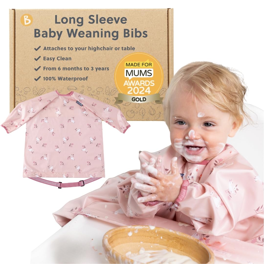 BIBaDO - Long Sleeve Baby Bibs - Babies & Toddlers 6-36 Months - Coverall Weaning Bib - Easy Wipe Clean & Soft Fabric - Attach to Highchair & Tables - Waterproof - Machine Washable