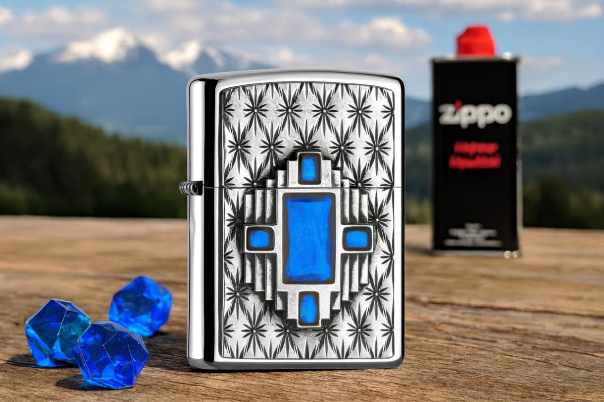 Zippo Sturmfeuerzeug - Blue Diamond, High Polish Chrome, Emblem - Nachfüllbar - Wiederverwendbar - Windfestes Design - Geschenkbox - Made in USA