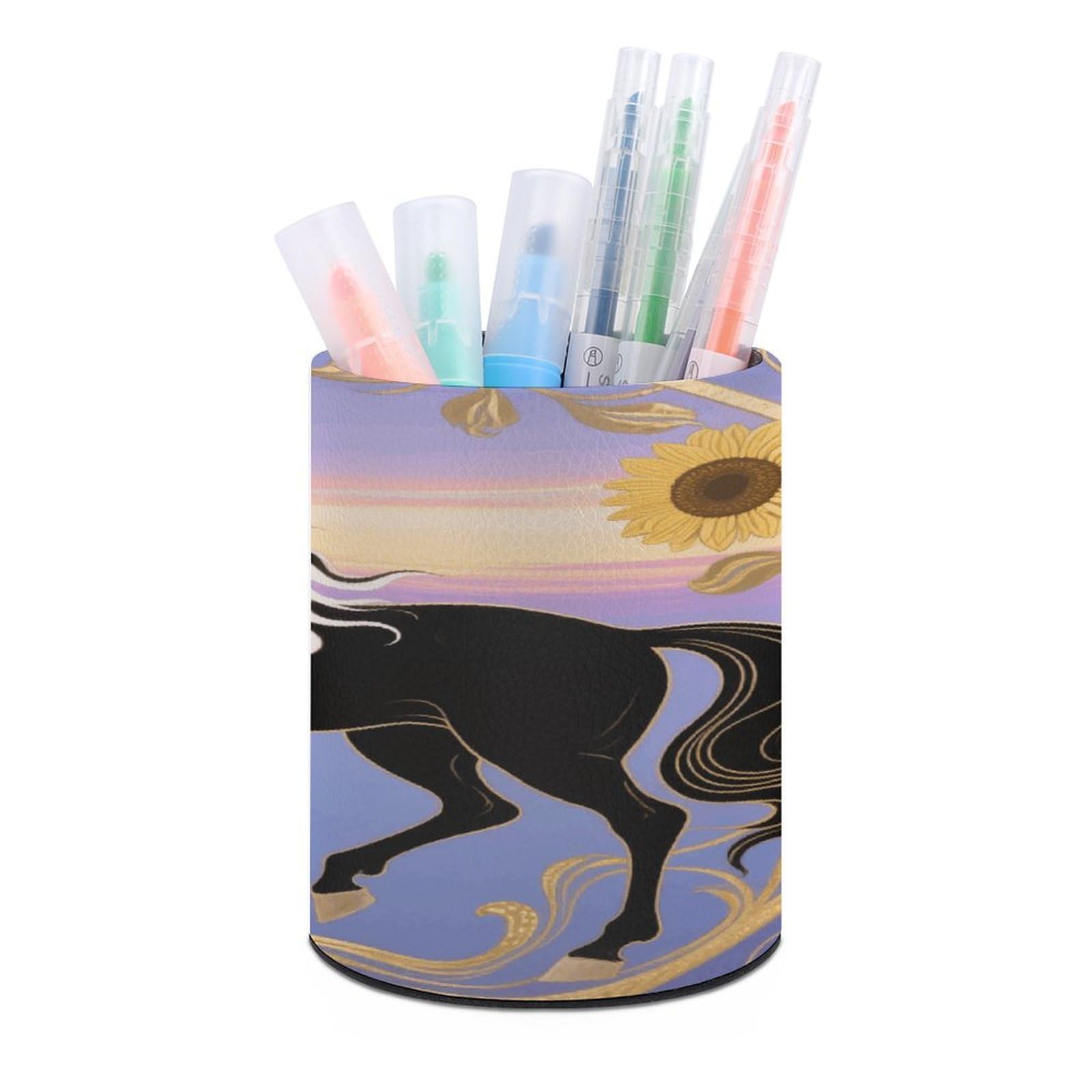 VstaDank Sunset Horse Sunflower Print Pen Holder Round Pencil Holder Cup Pen Container PU Leather Desk Organizer Stand Decorative Brush Scissor Holder Decoration Office Desk Home (3.1 x 3.9 inch)