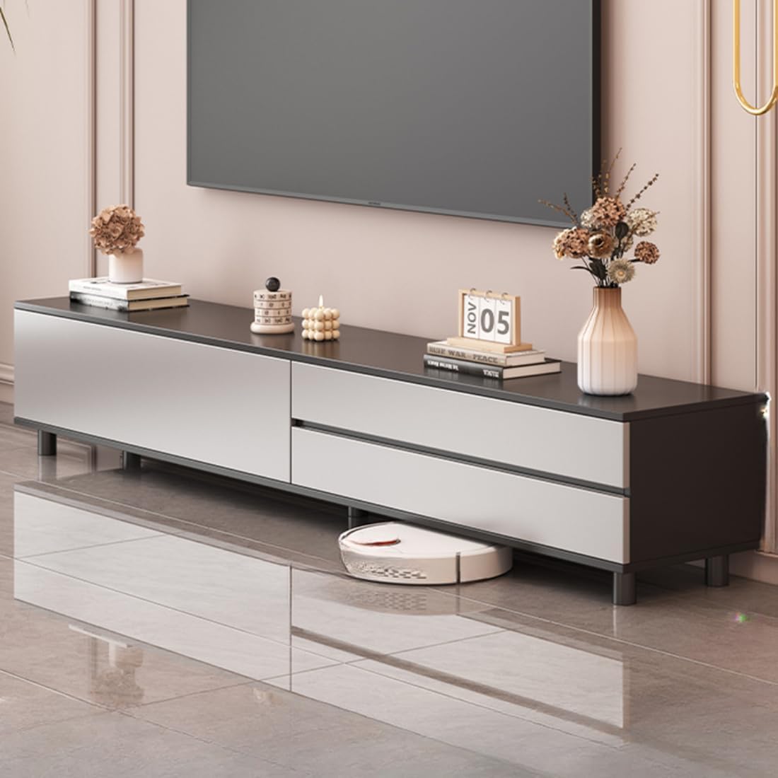 LITFAD TV Stand with Cabinet, 2-Drawer, Cable Management, Wooden Freestanding TV Console Minimalist Style Gaming Entertainment Center Media Stand for Living Room Hotel, Grey - Right Drawer