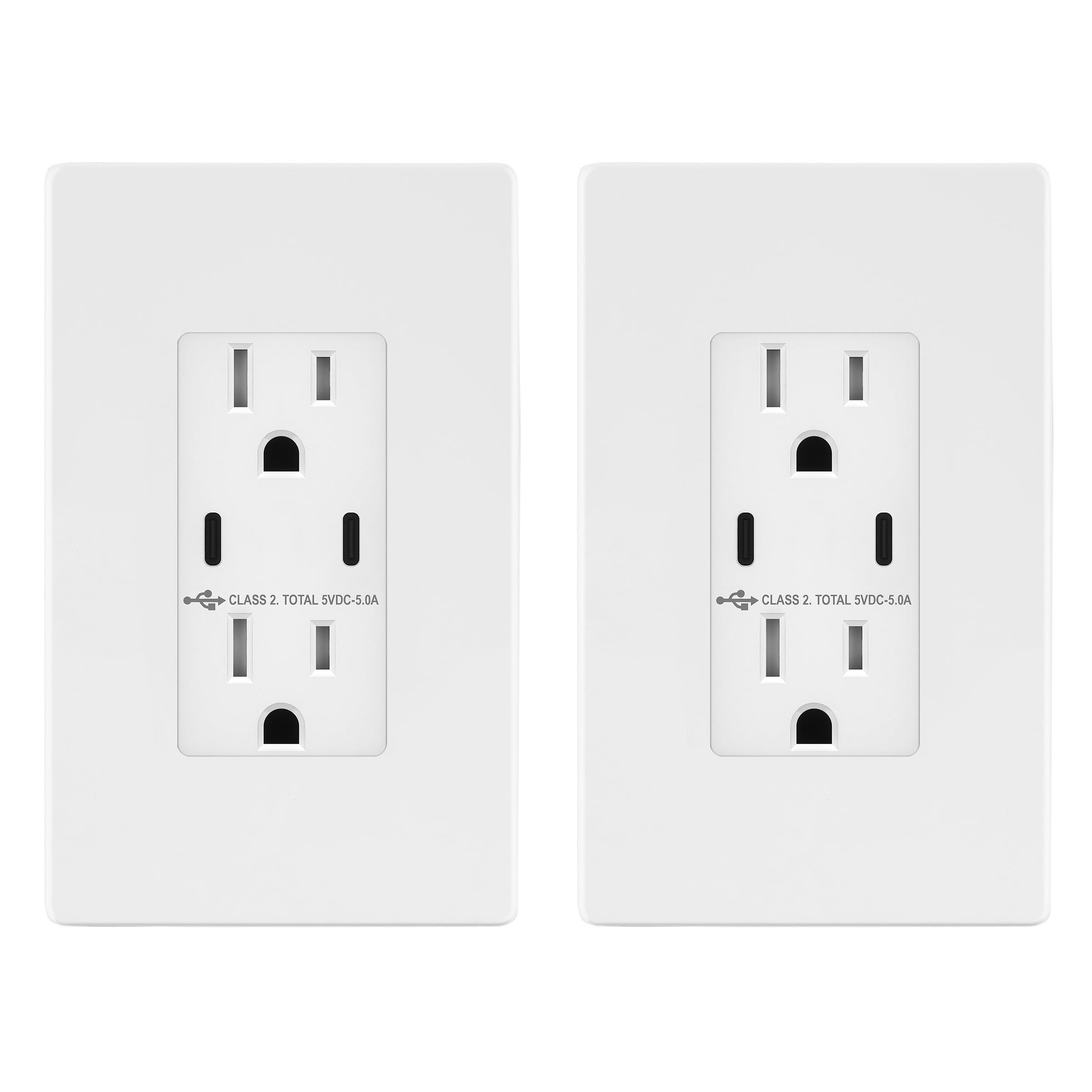 TOPGREENER 5.0A USB Outlet with 15Amp Duplex Tamper-Resistant Receptacles, 2 USB Type-C, USB Outlets Receptacles, TU2155C2-WSID2P, White, Screwless