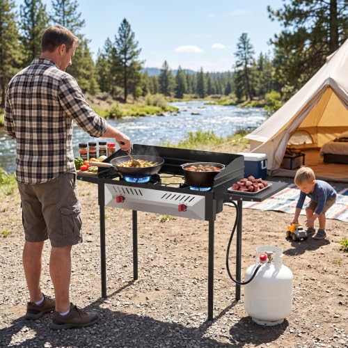 Image of BESTFIRE 150000 BTU Dual Burner Camping Stove Portable Propane Wind Guard | Comes With Carrying Bag, Gloves & Gas Hose, Perfect For Camping, Backyard Bbq, Tailgating And Outdoor Picnic Cooking
