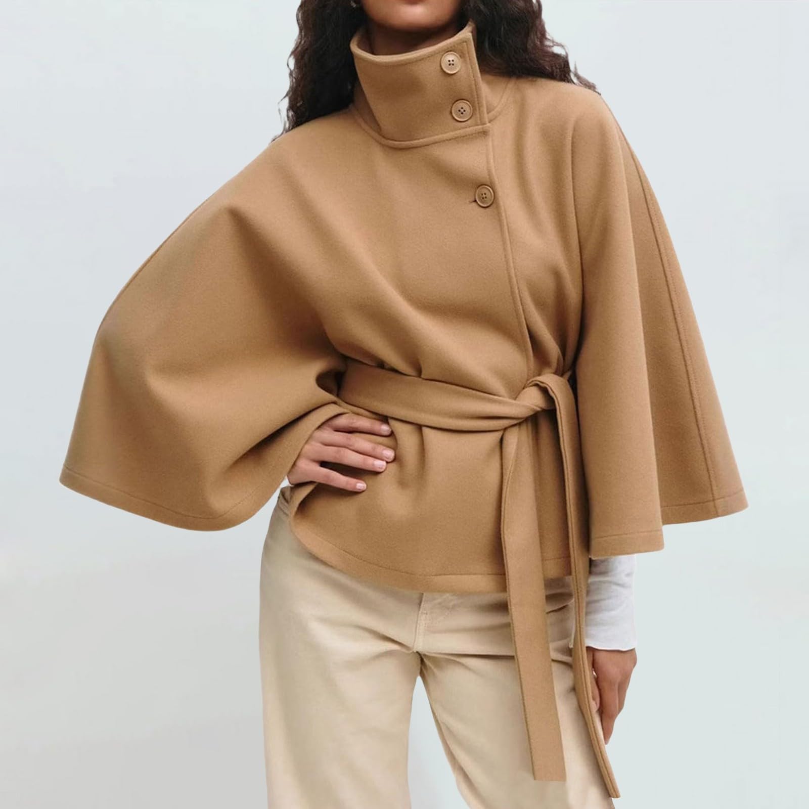 Mantella da donna con cintura, poncho a tinta unita, con bottoni anteriori, manica a pipistrello, scialle a collo alto, avvolgente, invernale, elegante, capispalla