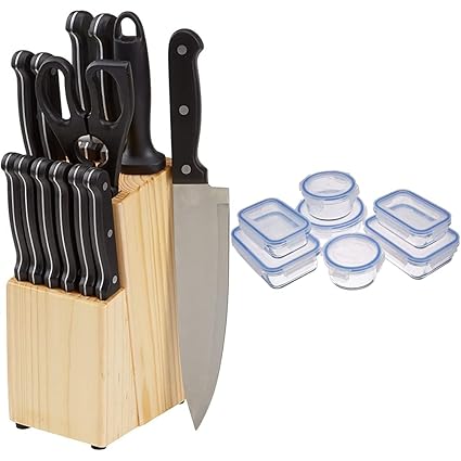 AmazonBasics Stainless Steel Knife Set with High-Carbon Blades and Pine Wood Block, 14 Pieces and AmazonBasics Glass Leak-Proof Locking Lids - Food Storage Containers, 14-Piece Set