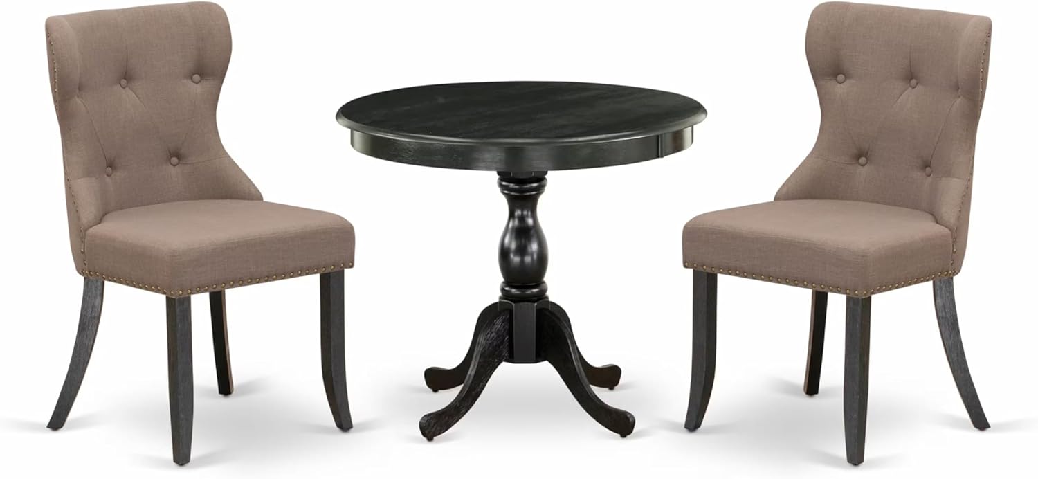 East West Furniture AMSI3-ABK-48 3 Piece Modern Dining Table Set Contains a Round Kitchen Table with Pedestal and 2 Coffee Linen Fabric Parsons Dining Chairs, 36x36 Inch, Wirebrushed Black