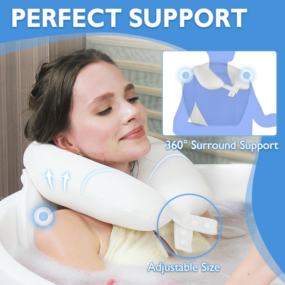Poemland Bath Pillow, Neck Pillow for Tub, Headrest and Neck Support Bath Pillow, Adjustable and Comfort Bath Tub Pillow Without Suction Cups, Bathpillow with Laundry Bag (White)