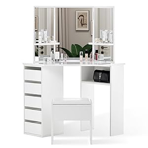 CLIPOP Blanco Tocador de Esquina con 5 cajones, 3 Espejos y Taburete, tocador de Maquillaje para Dormitorio, Muebles Modernos