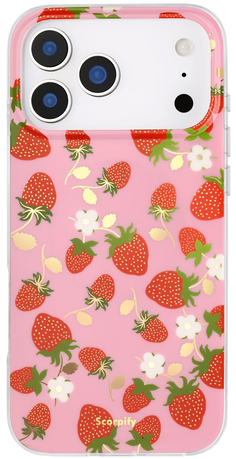 SCORPIFY for iPhone 17 Pro Case [Compatible with MagSafe] with Strawberry Party Fruit Design, Cute Floral Magnetic Phone Cover for Women Girls, Pink Slim Flower Bumper with Gold Accents