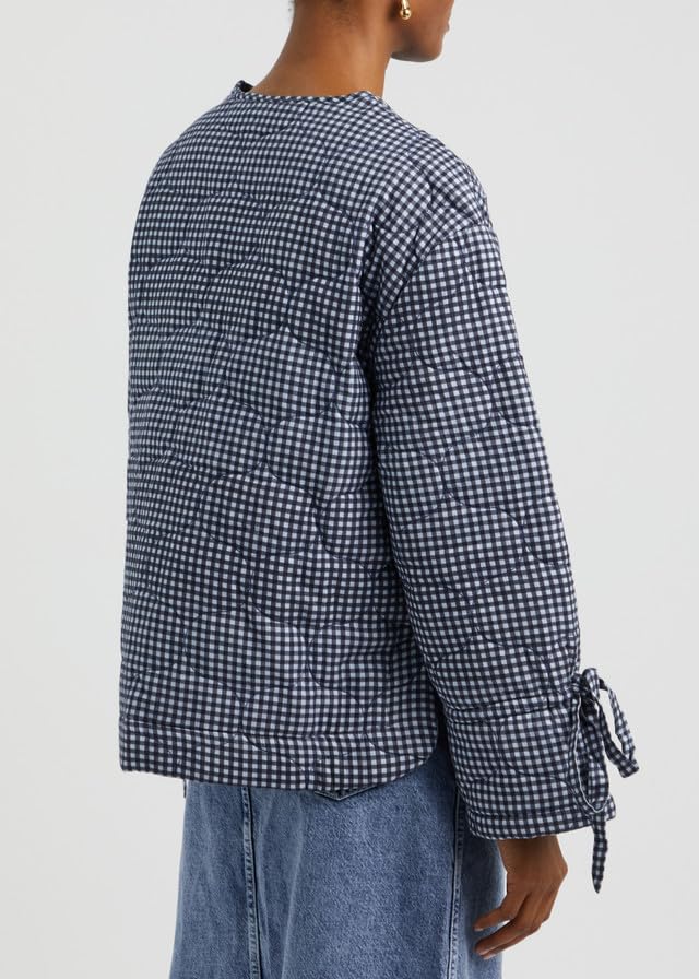 LifeShe Women Plaid Puffer Quilted Jacket Crop Button Up Padded Coats Collarless Winter Coat with Pocket2