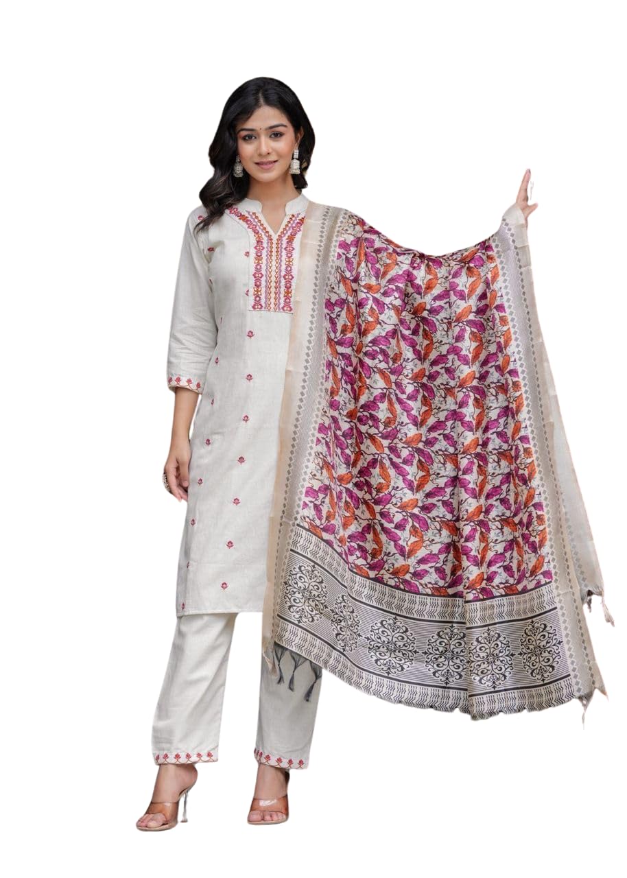 Women's Cotton Embroidered Straight Kurti With Pant and Dupatta Set-image-32