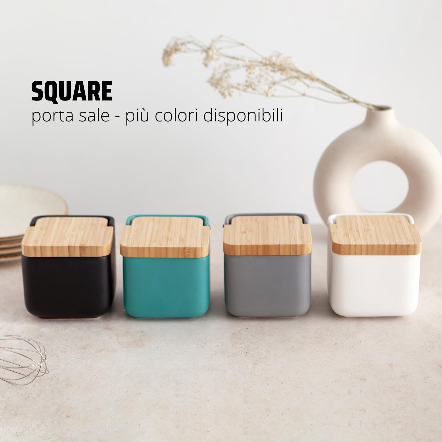 Porta sale grosso e fino, Barattoli sale per cucina o tavolo in ceramica con coperchio girevole in acrilico, Barattolo sale grosso e fino, Dimensioni 11,2 x 11,2 x 11,2 cm. Nero