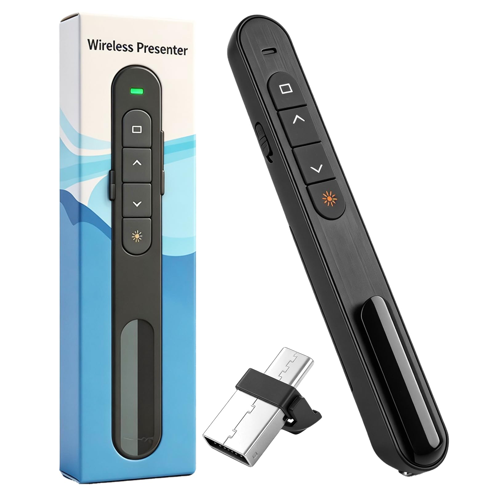 Télécommande de Présentation sans Fil 2-en-1 USB-C & USB-A, Pointeur PowerPoint 2,4 GHz avec Contrôle du Volume et Hyperliens