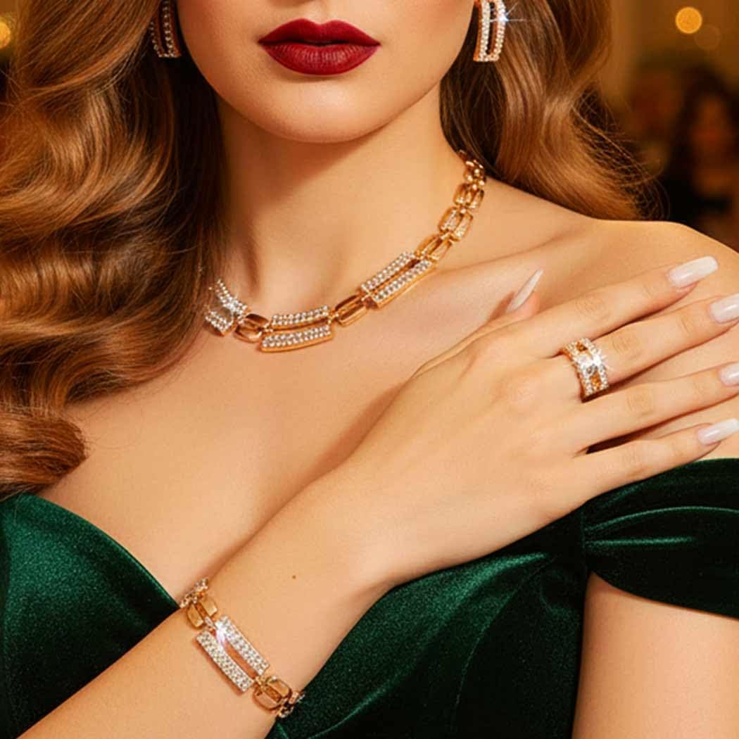 Aukmla Gold Prom Jewelry Set Sparkly Rhinestone Choker Bridal Necklace Earrings Bracelet Ring Sets for Women - Image 3