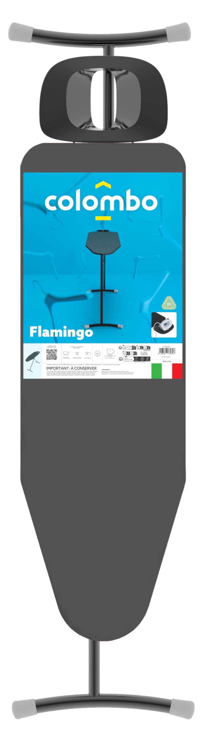 Colombo Asse da Stiro Flamingo 120x40cm con Poggiaferro Rinforzato | Asse da Stiro Pieghevole Altezza Regolabile Fino a 95cm con Copriasse 100% Cotone Metallizzato, Struttura Stabile | Made in Italy