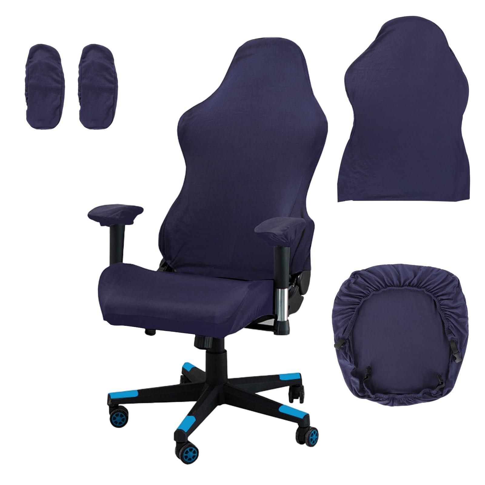 Moorle Fundas elásticas para sillas de juegos, 4 piezas, color azul marino, con reposabrazos y respaldo de silla, para silla de computadora, silla de oficina