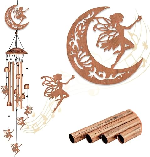 INFUNLY Campanillas de viento de hadas para exterior de 5.5 x 5.4 pulgadas, carillón de viento de metal con patrón de luna, carillón de viento de