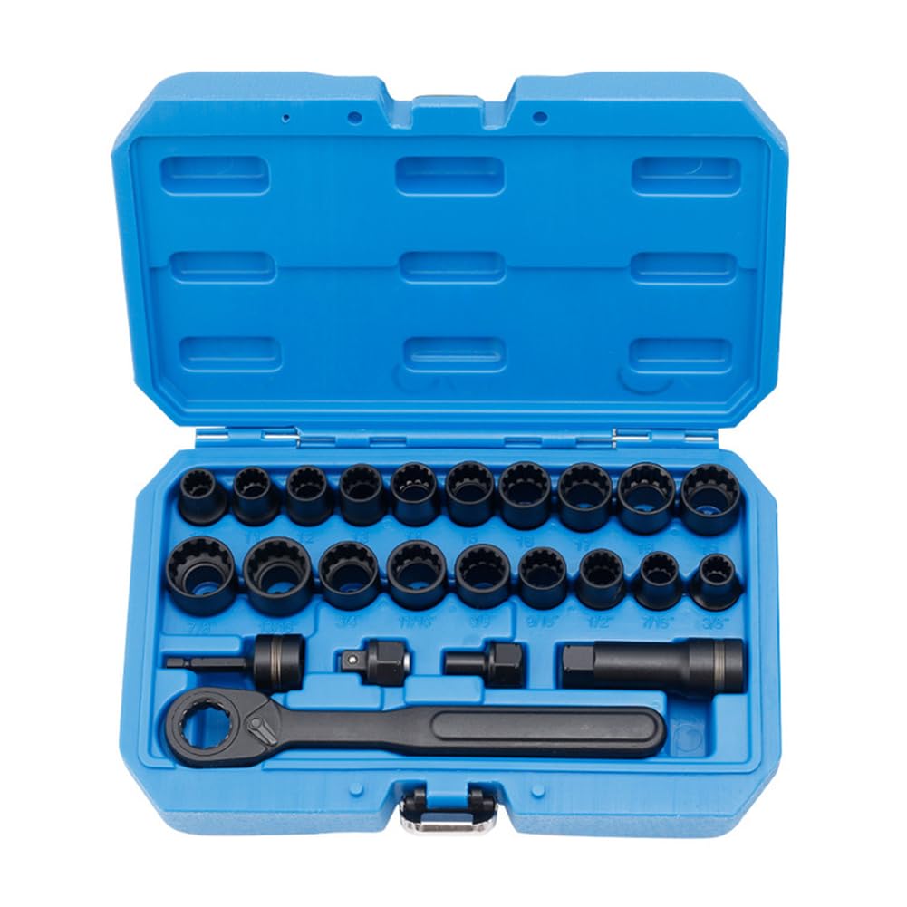 Lecreatekit Juego de llaves de vaso, carraca de paso de 24 piezas con llaves hexagonales y 12 puntas, métricas de 10 mm a 19 mm y 3/8-7/8 pulgadas, para reparación de automóviles