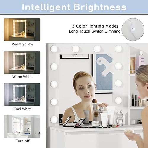 Miniatura 3 de Tocador de maquillaje con luces escritorio de tocador de 37 pulgadas 4 cajones grandes con espejo iluminado 3 modos de iluminación de brillo