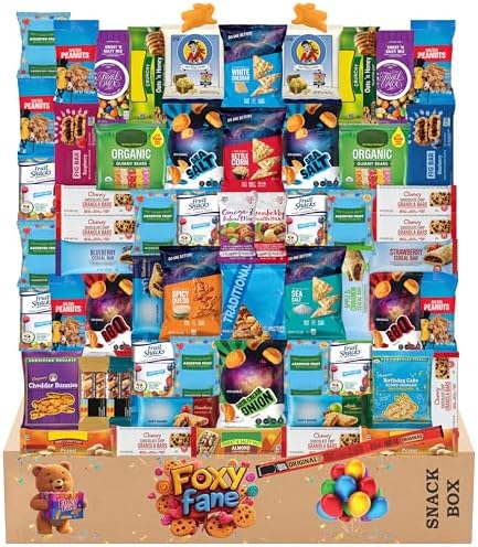 Foxy Fane 60-Count Healthy Snack Box Care Package, Variety Pack of 60 Individually Wrapped Sweet and Savory Snacks, Assorted Gift Basket for Office, College, School, Kids, Family and Friends