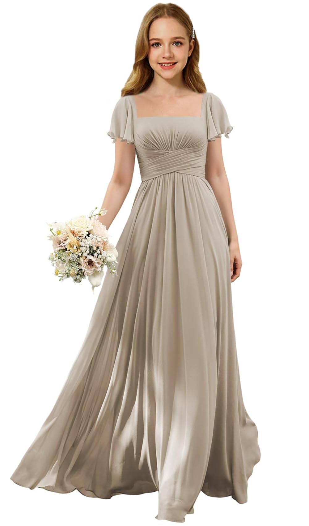 Augday Flutter Sleeves Junior Bridesmaid Dress Square Neck Flower Girl Dresses with Ruffles A Line Wedding Party Gown