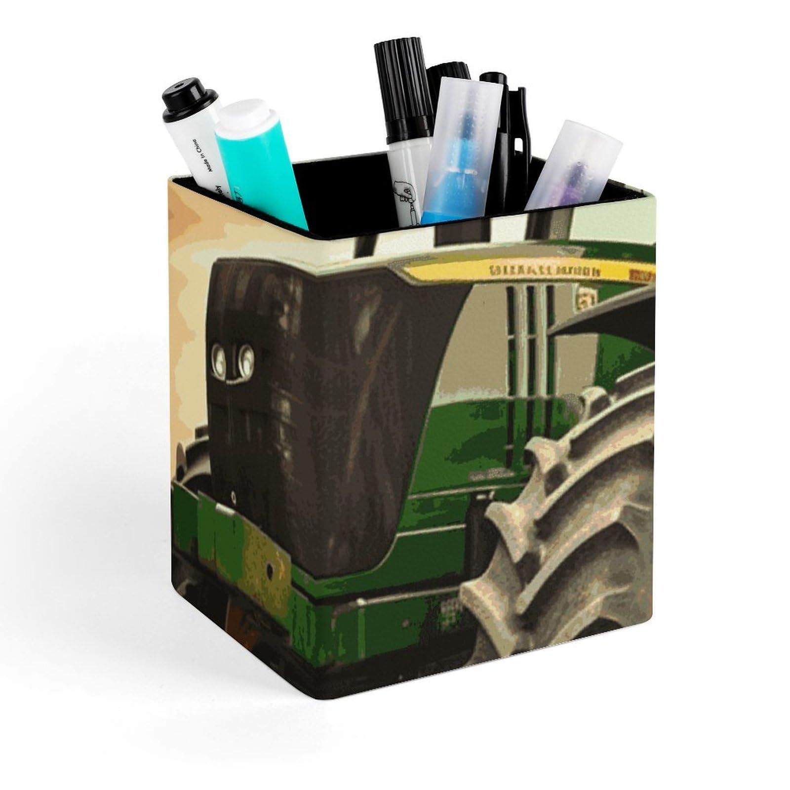 DWVTSLH Aesthetic Pen Holder for Desk - Modern Leather Pencil Holder - Stylish Square Makeup Brush Holder - Tractor Theme Pen Cup Cute And Functional Desk Organizer for Office Supplies