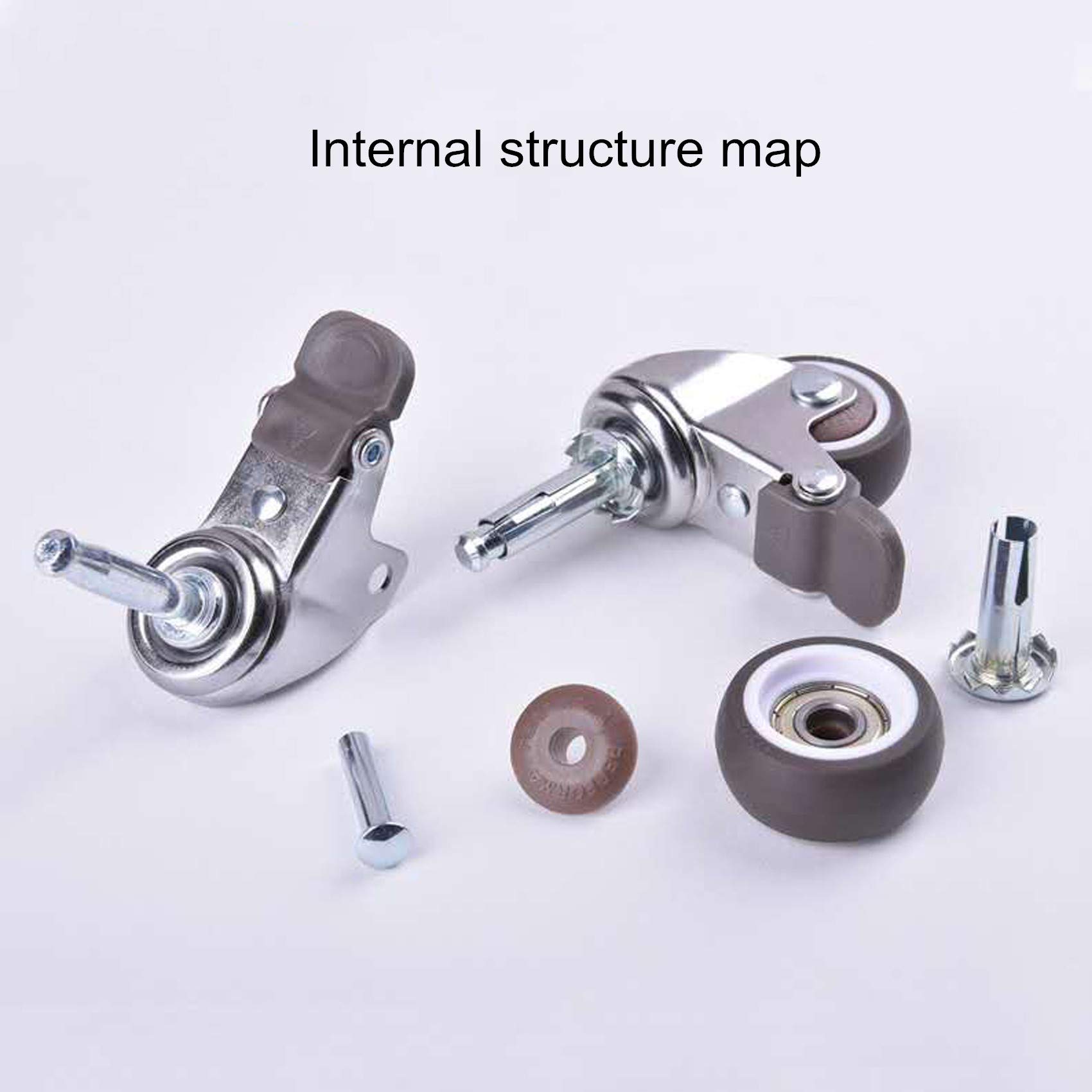 Lenkrollen, strapazierfähig, 4er-Pack, Möbelrollen, 1,5/2 Zoll, Lenkrollen, Gummirad mit Bremse, 360 Grad drehbar, Präzisionskugellager, mit 8 mm x 38 mm Befestigungsholzschaft, Ba