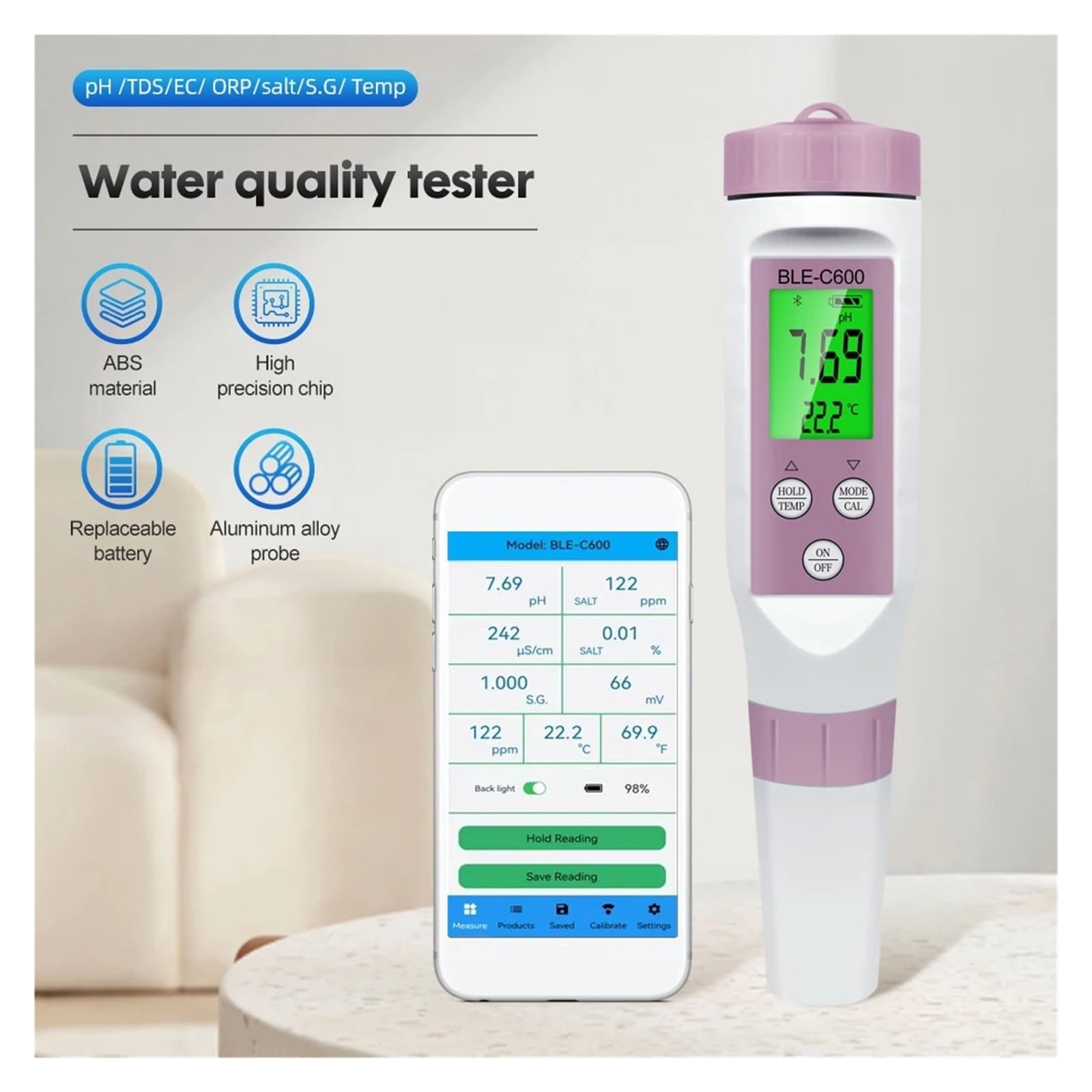 Testeur d'eau Ph-mètre À Dents Bleues 7 en 1, Moniteur Ligne PH/EC/TDS/ORP/sel/SG/Temp, Application Intelligente for Testeur d'eau Potable D'aquarium Polyvalent Précis Facile
