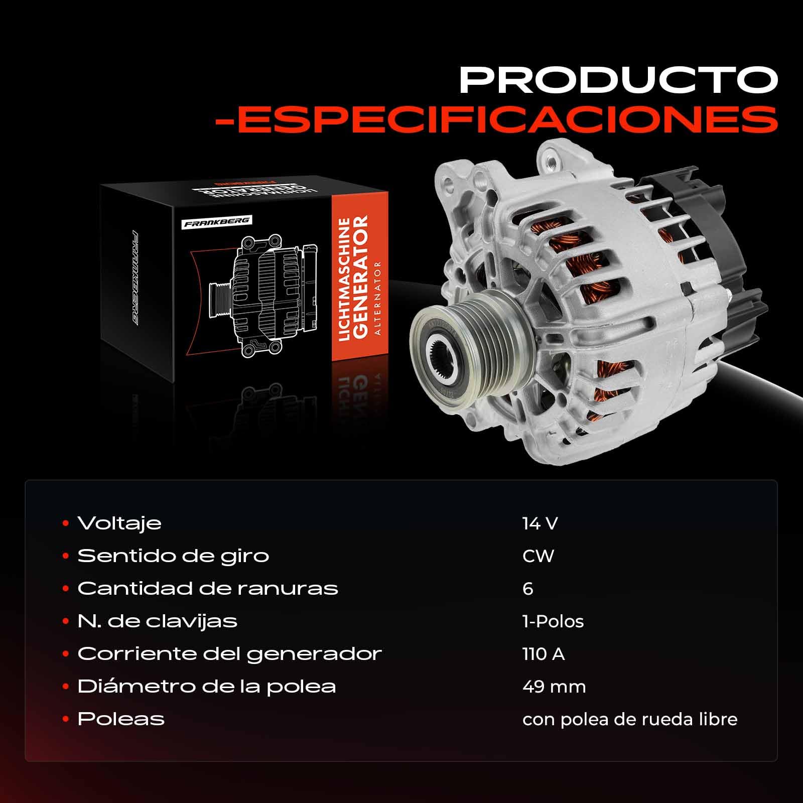 Frankberg Alternador con Polea de Rueda Libre Compatible con O.c.t.a.v.i.a III Combi 5E5 5E6 2.0L T.i.g.u.a.n AD1 AX1 2.0L Golf VII 5G1 BE1 BE2 BQ1 1.4L Golf VII 5G1 BE1 BE2 BQ1 2.0L 3L903023J
