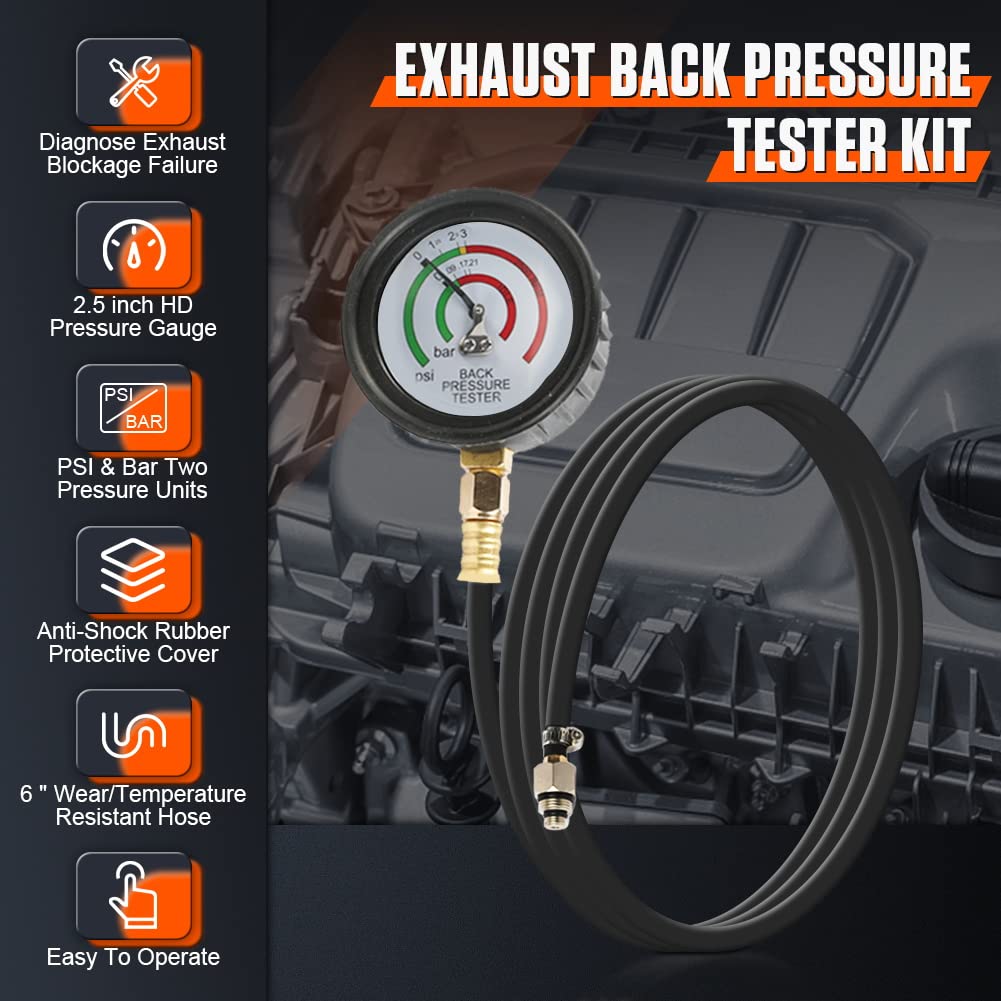 DUOYI Exhaust Back Pressure Tester Kit with 6-Foot Hose,Professional Diagnosis Automotive Exhaust Back Pressure Gauge Kit Shockproof 2.5