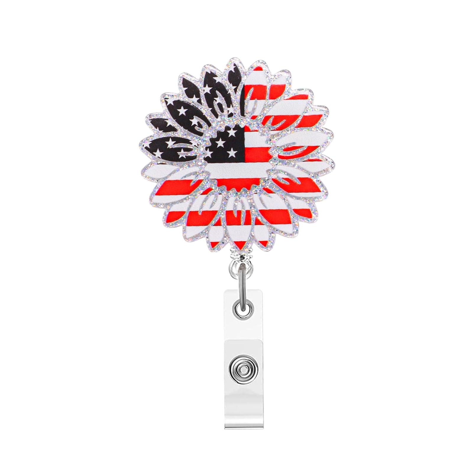 4th of July Sunflower Badge Holder | Independence Day Retractable Badge Reel,American Flag Design Badge Holder,ID Name Glitter Badge with Alligator