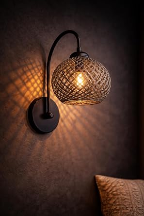 Jüt Duvar Aplik, Hasır Küre Duvar Lambası, Metal Gövdeli Modern Rustik Duvar Aydınlatma, E27 Duy Uyumlu Salon Yatak Odası Aplik – HMY Design (Yesil) [Enerji Sınıfı A]