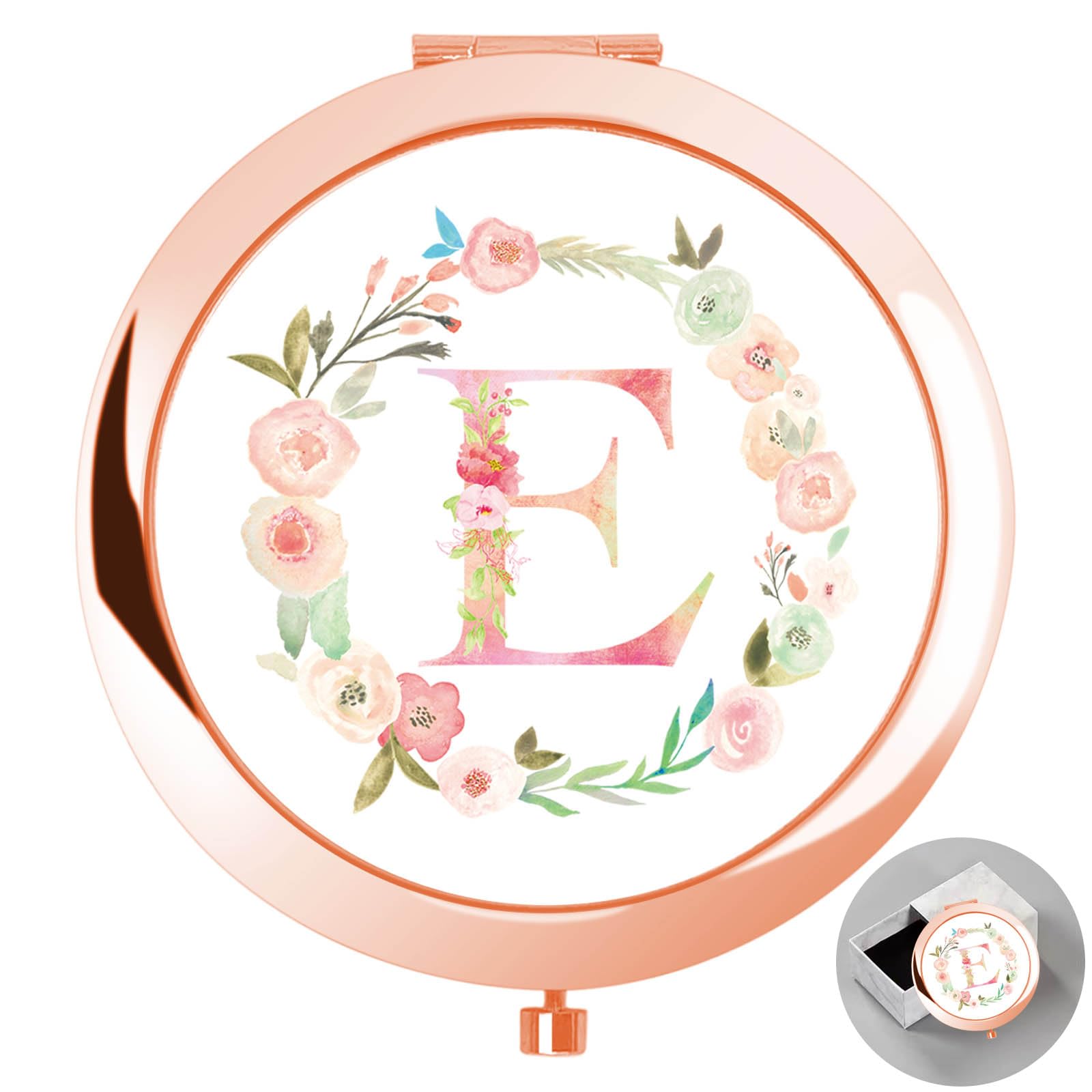 Personalized Gift Initial Compact Mirror w Box for Women Sister Daughter Mom Wife, Floral Monogram Alphabet Silver Small Mirror Ideal Gift on Birthday