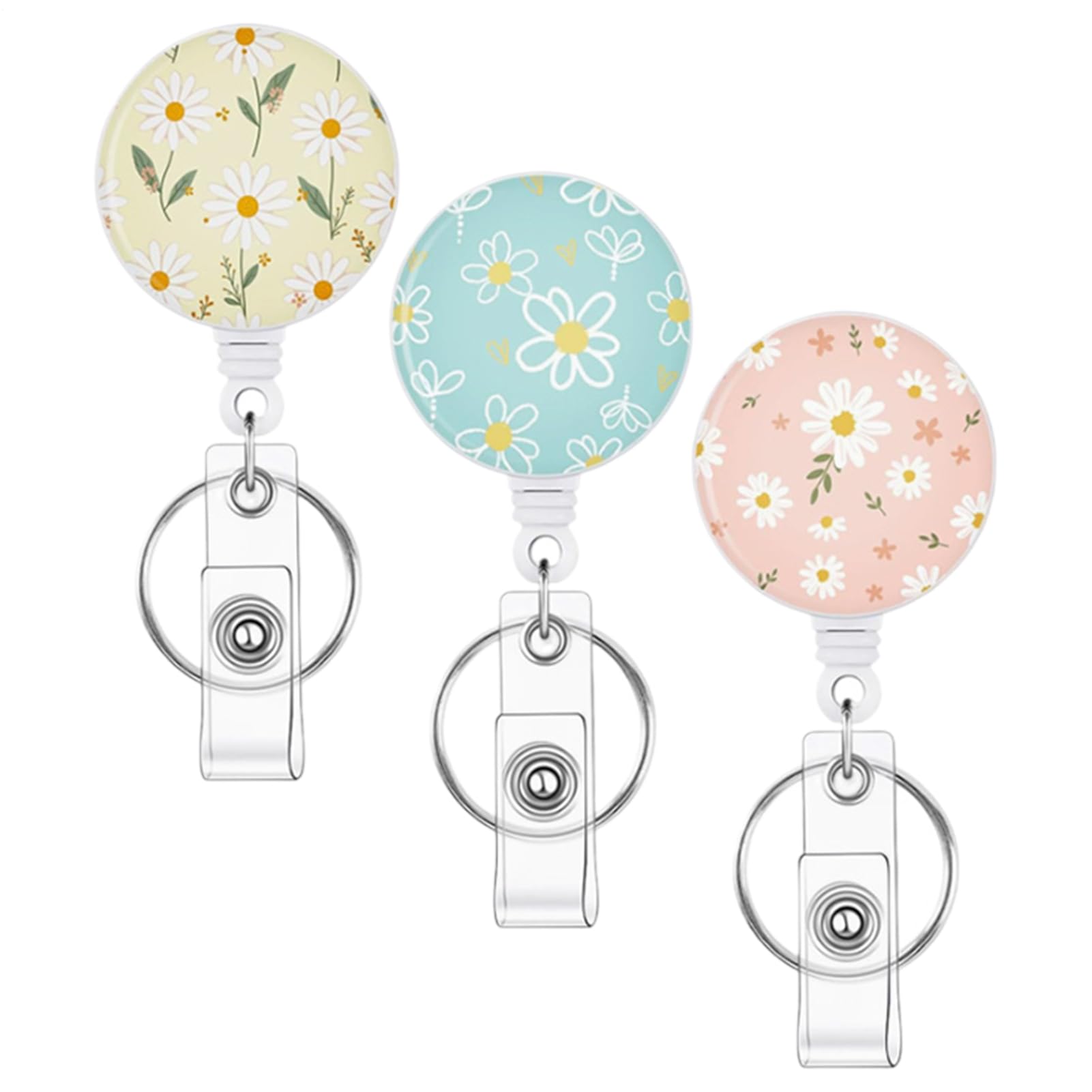 Badge Reels - 3 Pieces Retractable Keyring Badge Reel Clip - Flower Round Badges Holder, Can Store Employee ID Cards, Access Card, and Identification Document, Suitable for Teacher, Nurse, and Student