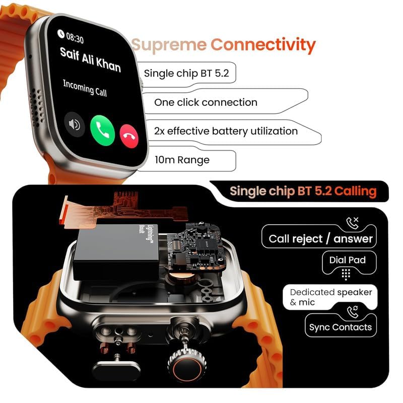 Smartwatch display showing an incoming call and details about single chip BT 5.2 calling with 10m range.