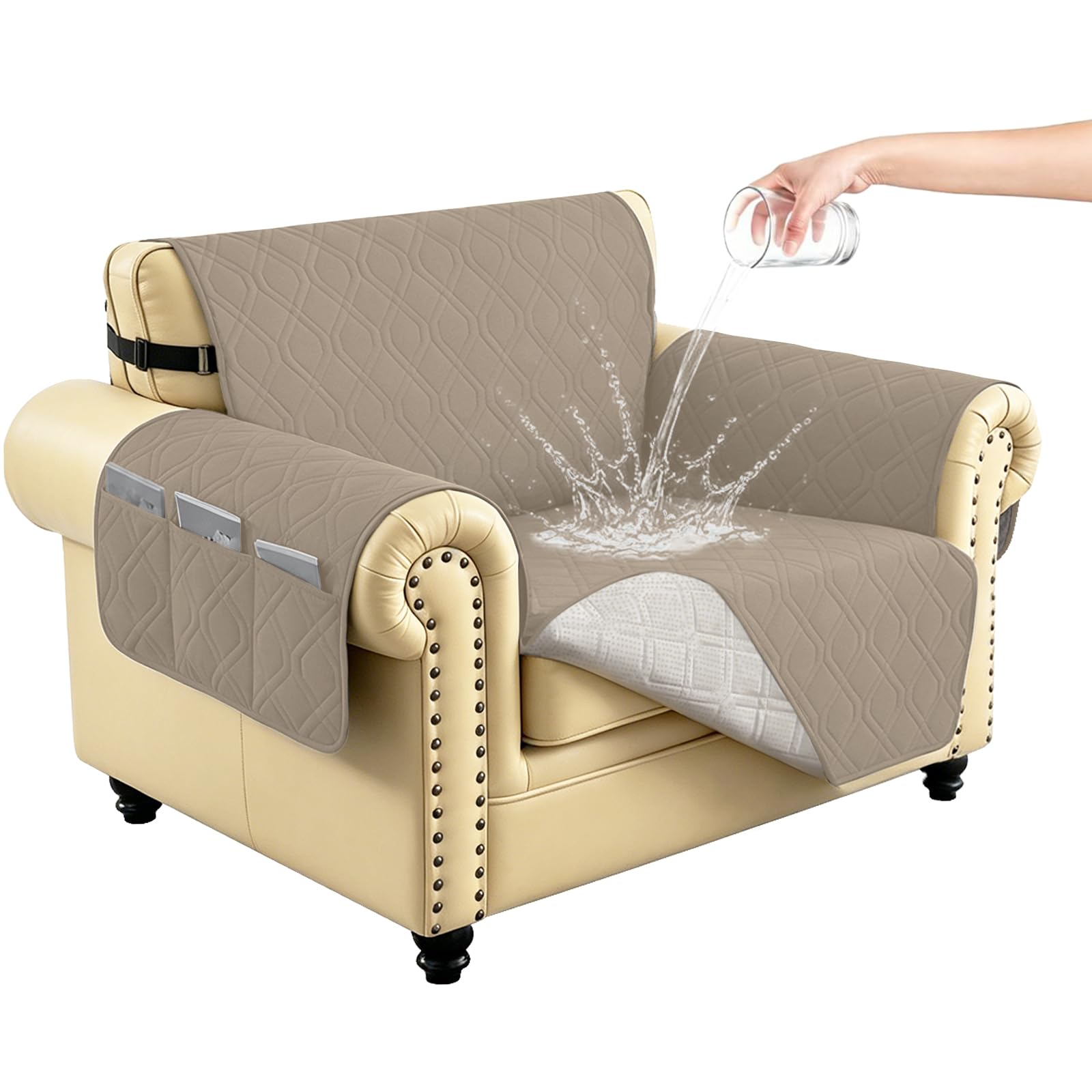 Hiiksolo Waterproof Sofa Cover, Non-Slip Loveseat Slipcover with Elastic Straps, Quilted Couch Protector for Pets Dogs Cats, Machine Washable & Furniture Protector for Kids, 1 Seater Khaki