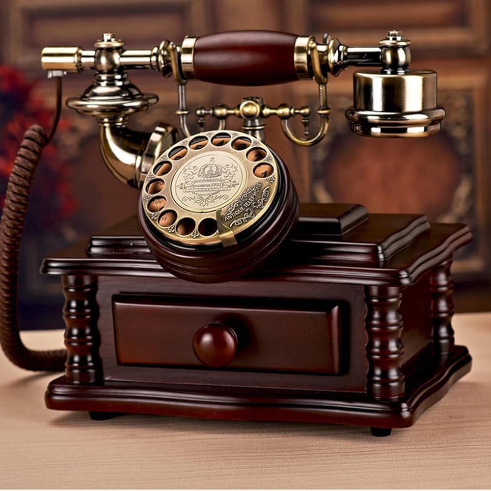 Telefono fisso, telefono fisso in legno massello retrò, telefono fisso vintage per casa e ufficio, telefono fisso classico vecchio stile con quadrante rotante, telefono da scrivania con cassetto