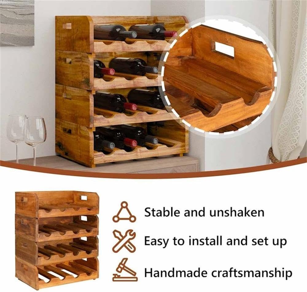 BOWERY HILL 4 Pc Solid Mahogany Wood Wine Racks, Brown Finish, 18.1x11.8x5.9 in, Rustic Handmade Design, Stackable for 16 Bottles, Durable Wooden Bottle Holder for Bar or Kitchen Storage