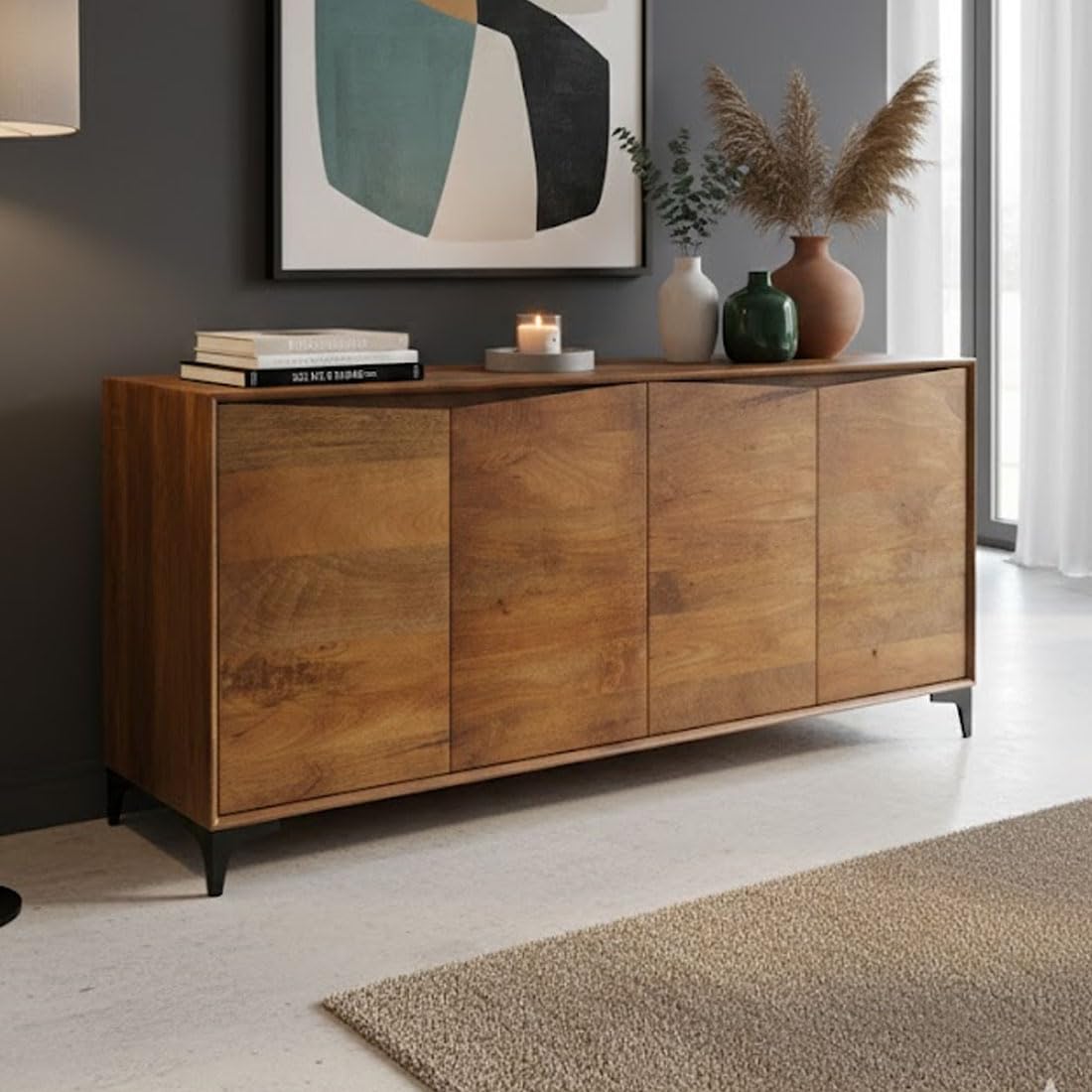 Solid Mango Wood Cabinet with 4 Door | Cabinet for Bedroom,Living Room,Dining | Solid Wood Free Standing Sideboard-image-14