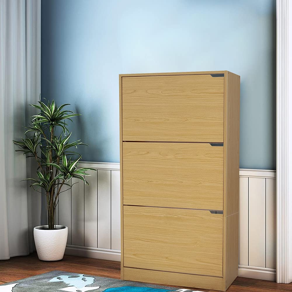 BAKAJI Zapatero de Madera MDF con 3 Puertas para Zapatos abatibles, Asas retráctiles, Doble Profundidad, tamaño Compacto, Delgado, 63 x 24 x 115 cm, Ahorra Espacio de Entrada de casa (Roble)