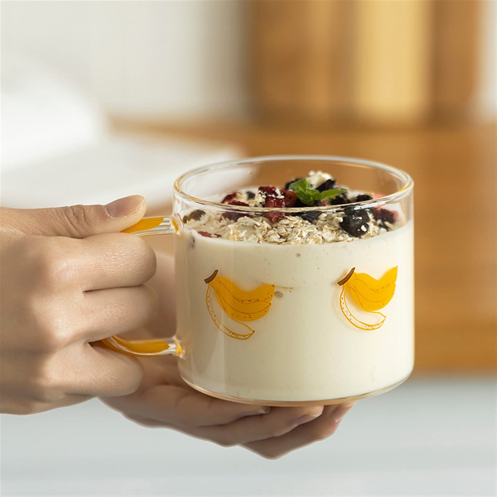 Becher 400 ml Fruchtmuster Glasbecher mit Griff Transparent Frühstück Milch Hafer Tasse Büro Zuhause Paar Wasserbecher Küche Trinkgeschirr Kaffeetasse (Farbe: Traube)