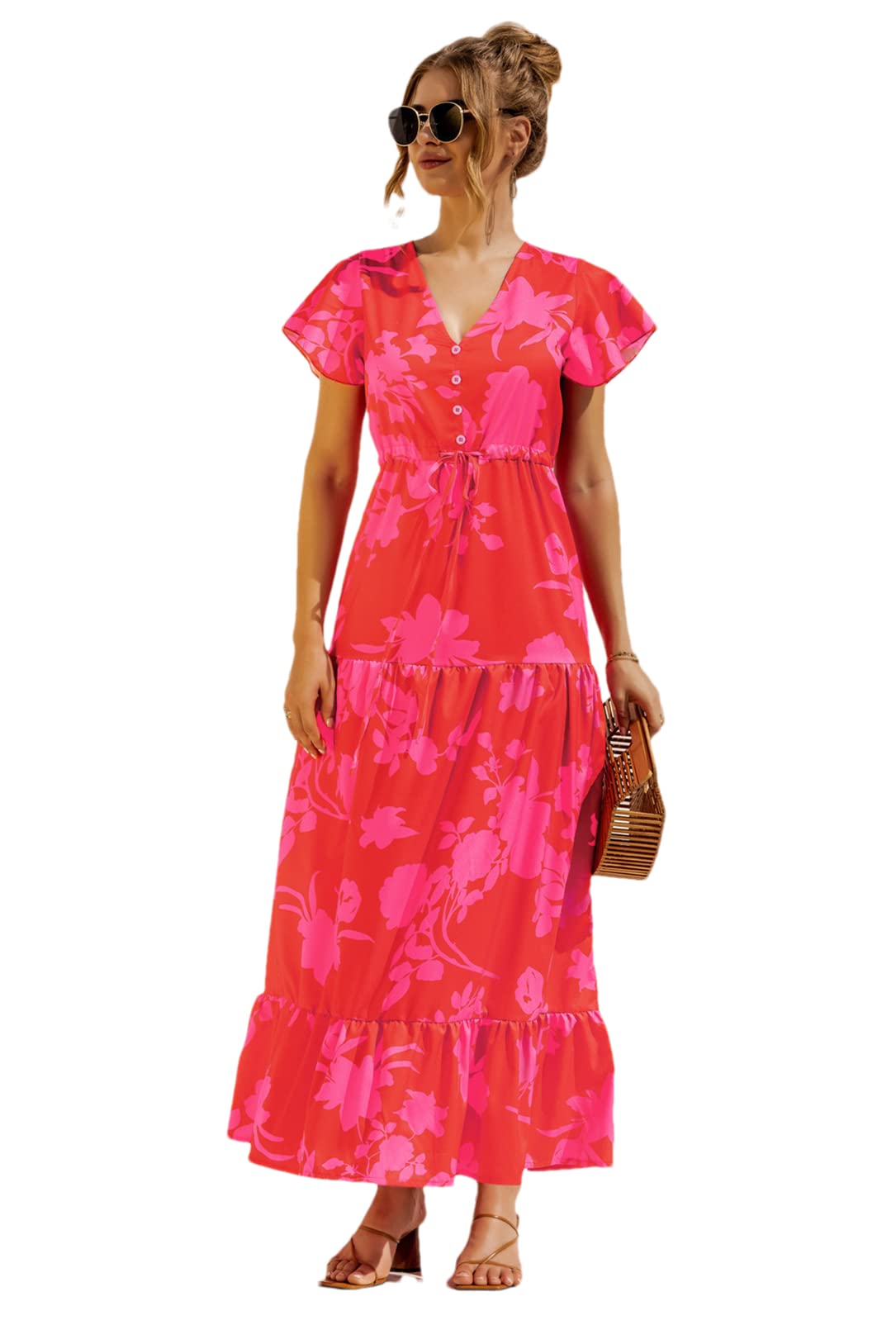 Robe longue bohème fleurie femme manches courtes col V S - 6