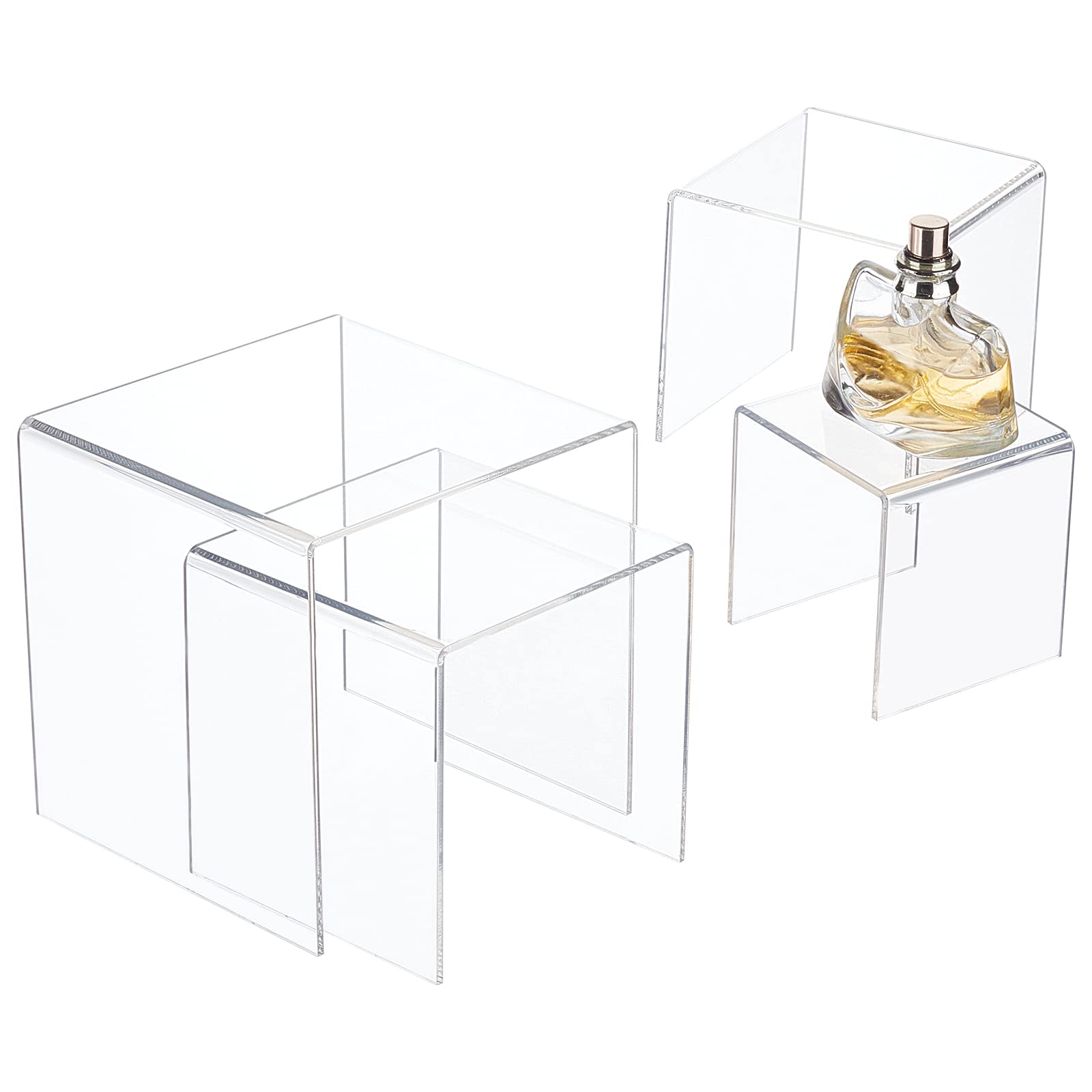 PandaHall 4 Size Acrylic Display Riser, Square Collectibles Display Stands Shelf Showcase Fixtures for POP Figure Jewellery Dessert Cupcake Candy Treat Action Display 3.3/4/4.8/6 Inch
