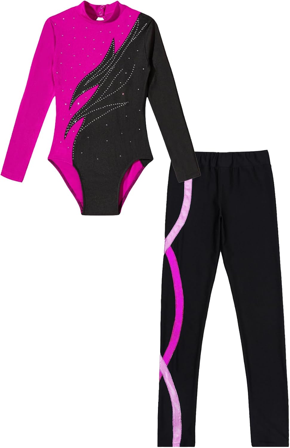 JanJean Kids 2pcs Tracksuit Girls Shiny Long Sleeve Gymnastics Leotard with Athletic Leggings Set Performance Dancewear