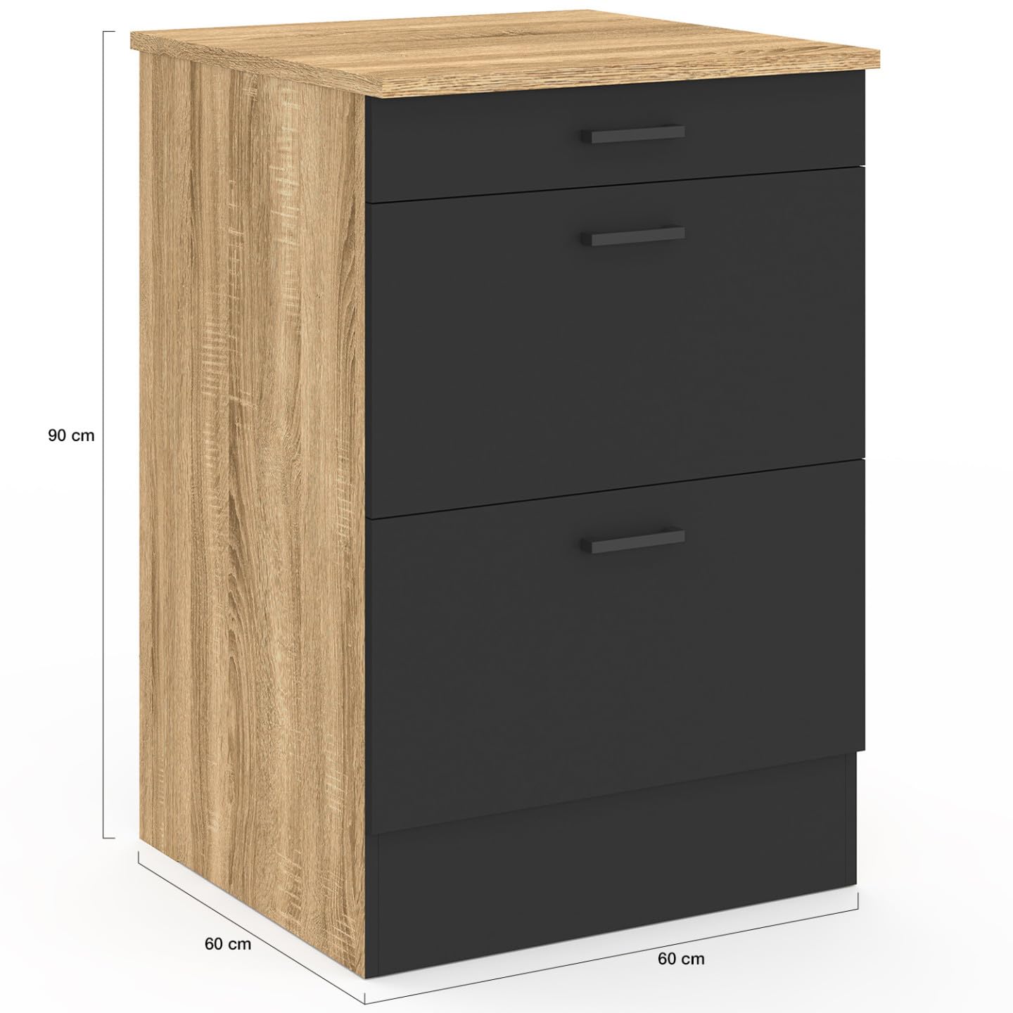 IDMarket - Meuble Bas de Cuisine 60 cm Subtil appoint casserolier 3 tiroirs Bois et Noir