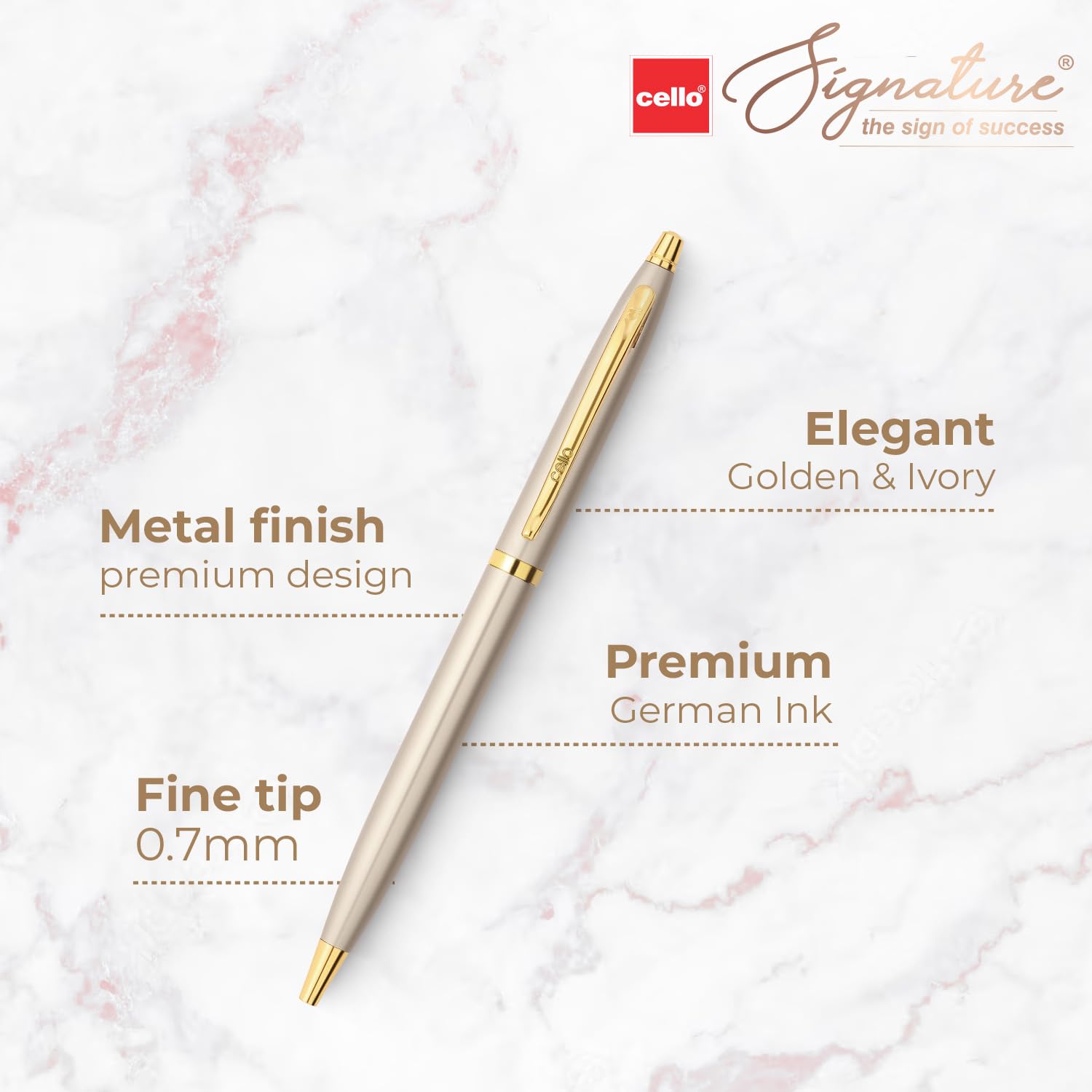 Cello Signature Crème Ivory Slim Ball Pen|Blue Ink|1 Ball Pen|Ivory and Gold Finish|Premium Metal Pens for Office Use|Stylish Gifts for Christmas and New Year|Gifts for Men and Women 2