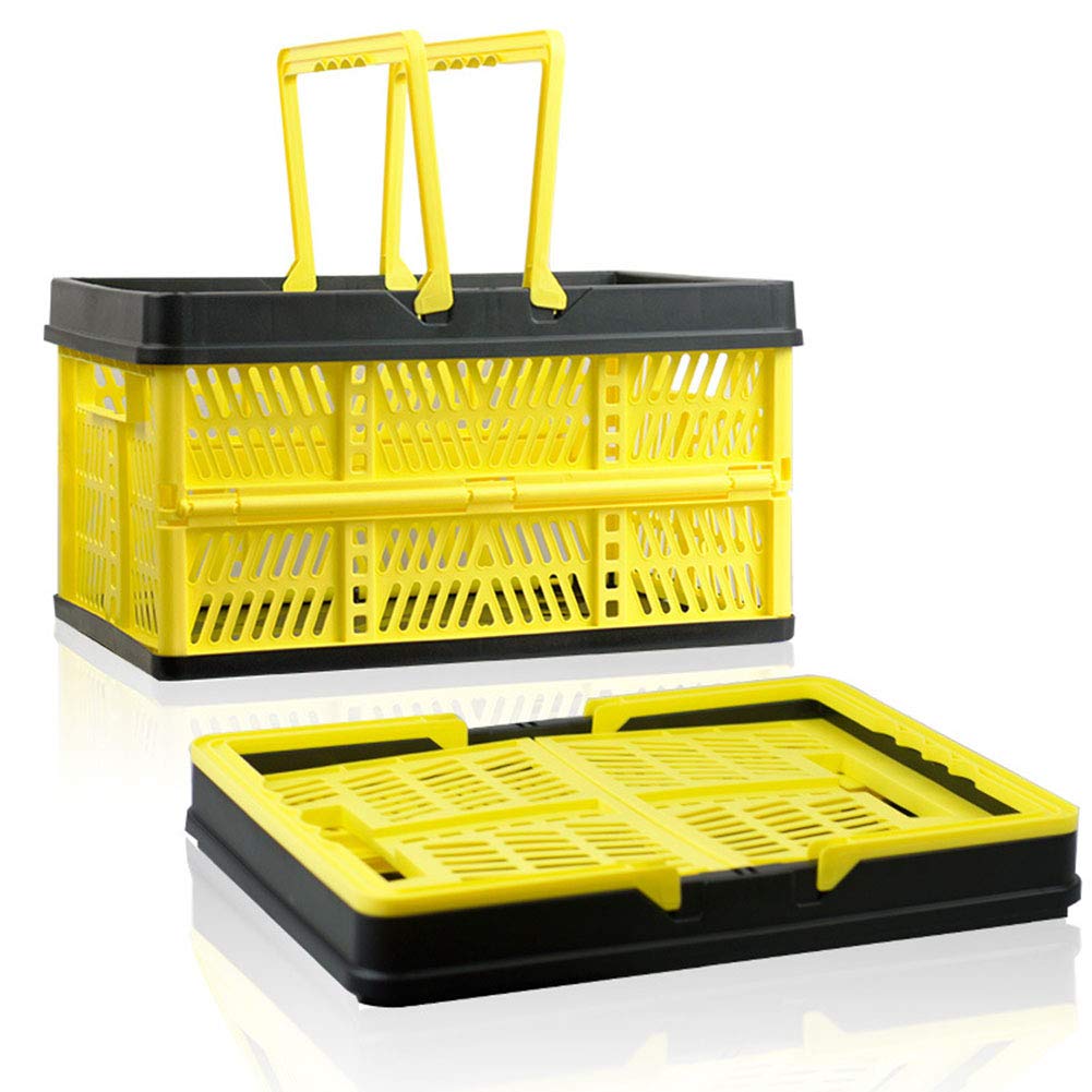 Cestas de almacenamiento plegables con asas, cajas de transporte de plástico apilables para compras, contenedores amarillos y negros de 20 L (38,5 x 25 x 20 cm)